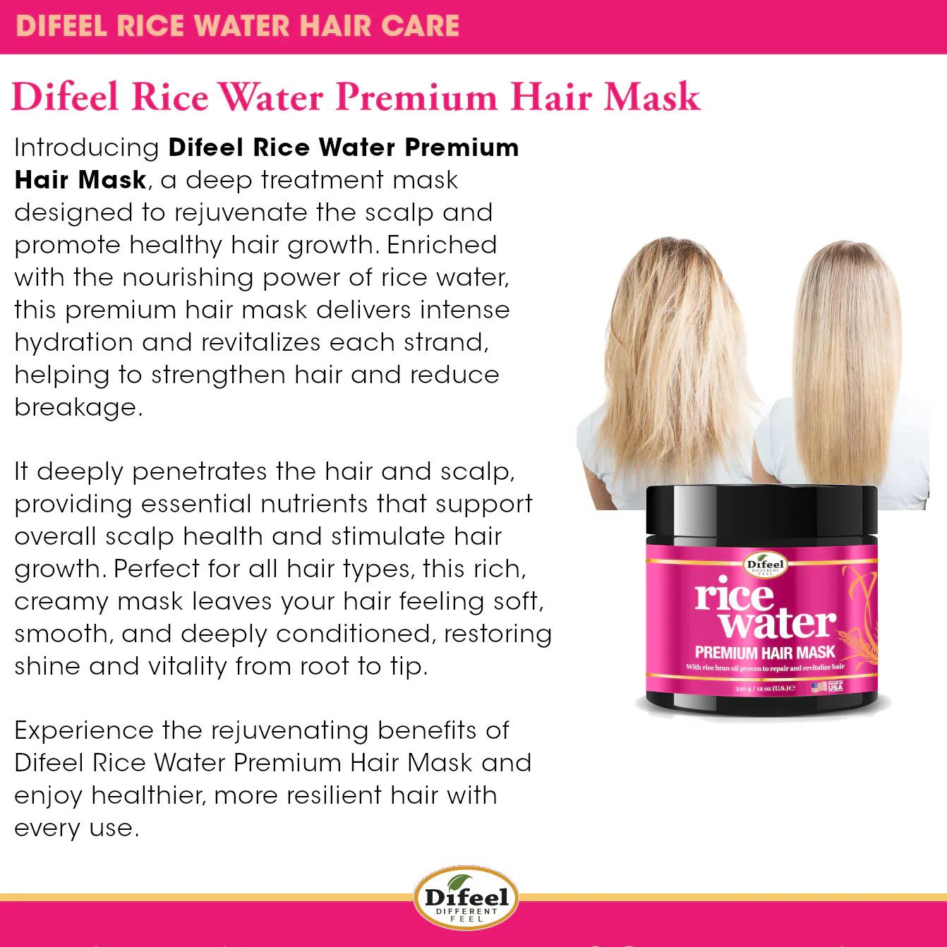 Difeel Premium Hair Mask with Rice Water 340g - Image 3