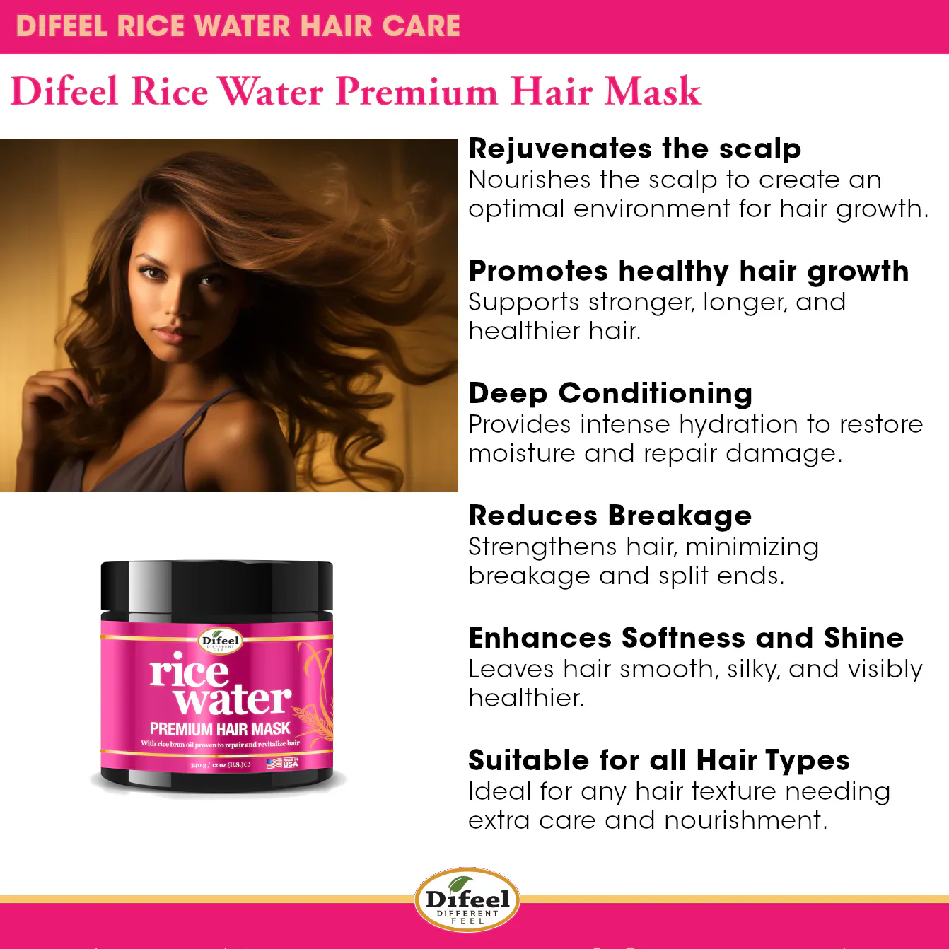 Difeel Premium Hair Mask with Rice Water 340g - Image 4