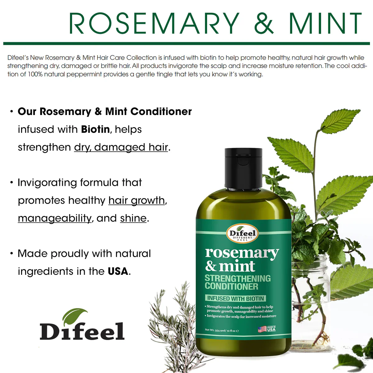 Difeel Rosemary & Mint Hair Strengthening Conditioner with Biotin 354ml - Image 5