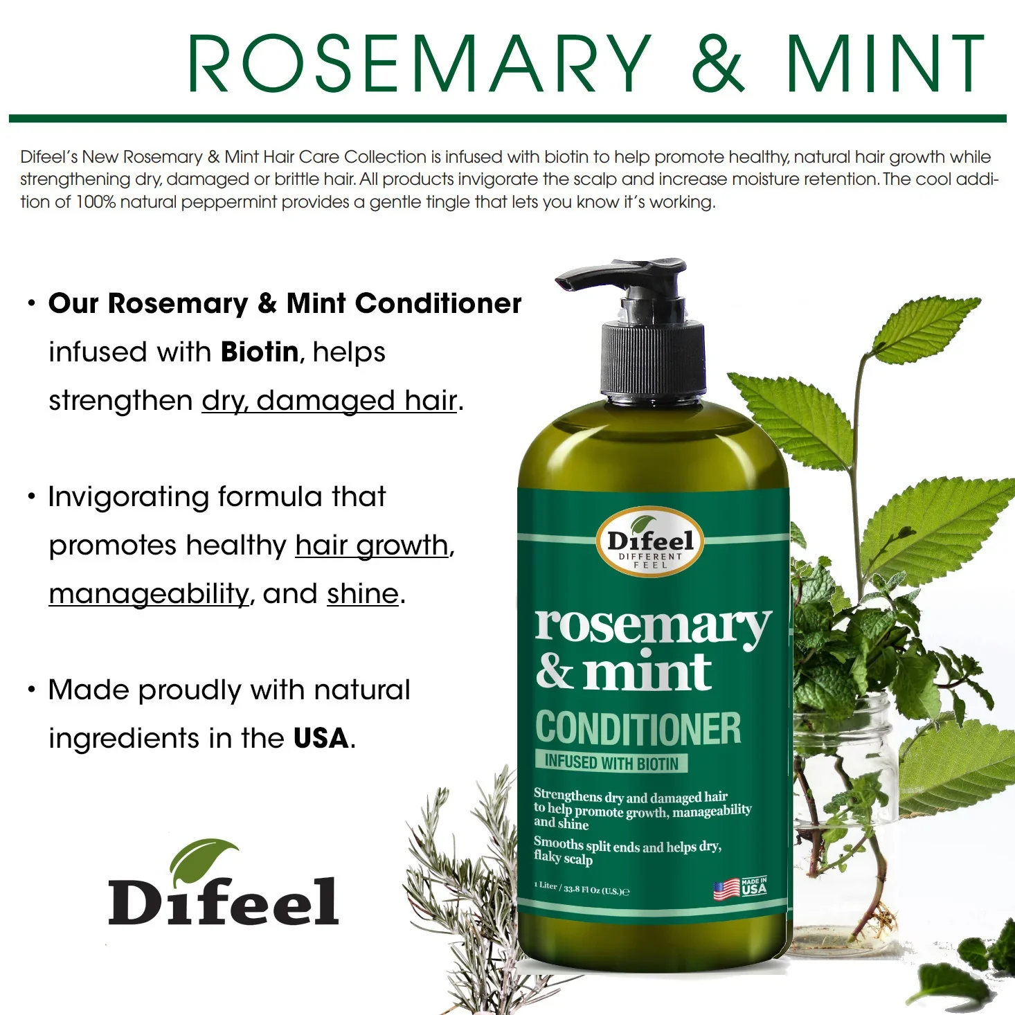 Difeel Rosemary & Mint Hair Strengthening Conditioner with Biotin 1 Liter - Image 3