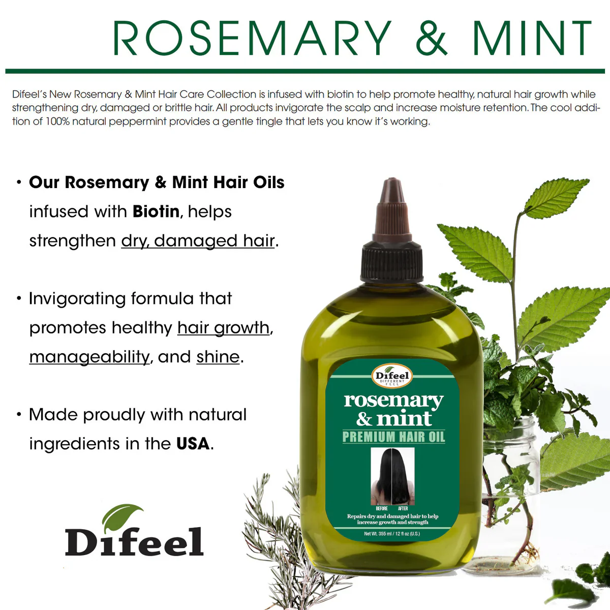 Difeel Rosemary & Mint Premium Hair Oil with Biotin 355ml - Image 3