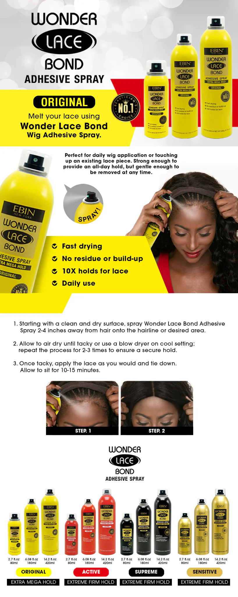 Ebin Wonder Lace Bond Wig Adhesive Spray Extra Mega Hold 180ml - Image 5