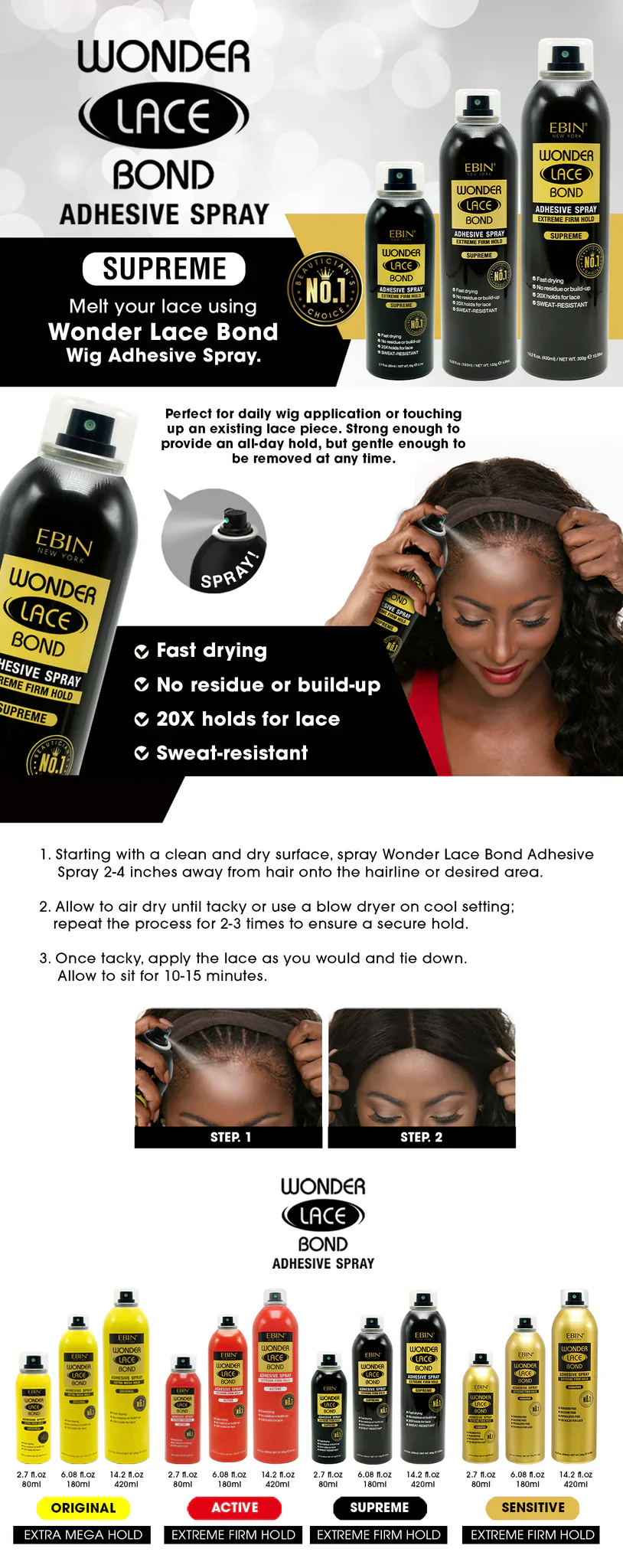 Ebin Wonder Lace Bond Wig Adhesive Spray Supreme 420ml - Image 4