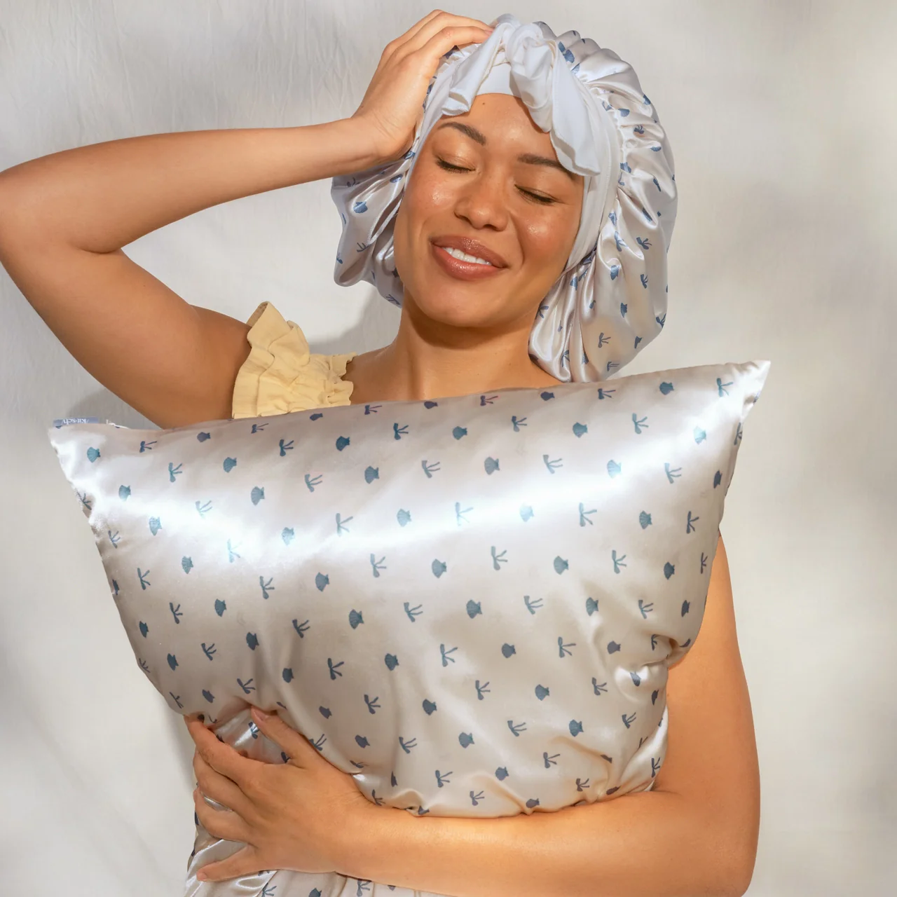 Kitsch Oversized Satin Bonnet - Pearlized Cream & Coastal Blue Print - Image 5