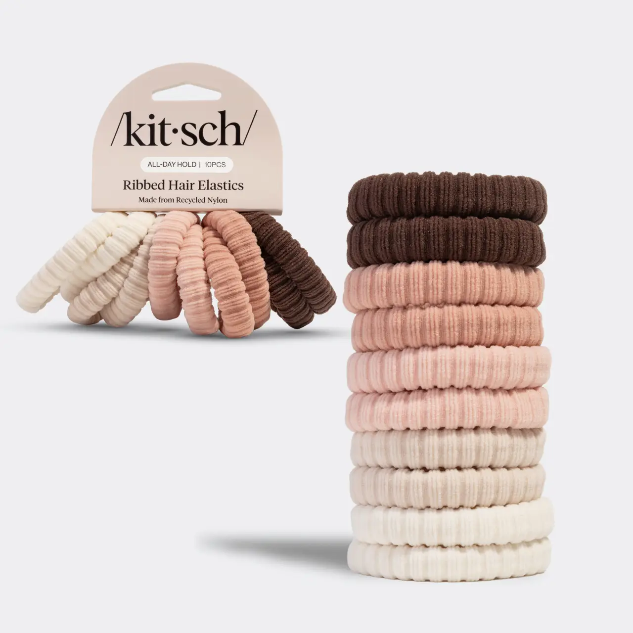 Kitsch Recycled Fabric Ribbed Hair Elastics 10pc Set - Blush - Image 3