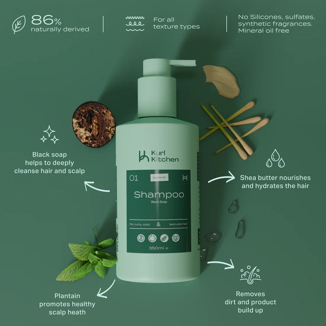 KURL KITCHEN Deep Cleansing and moisturising black soap Shampoo 350ML