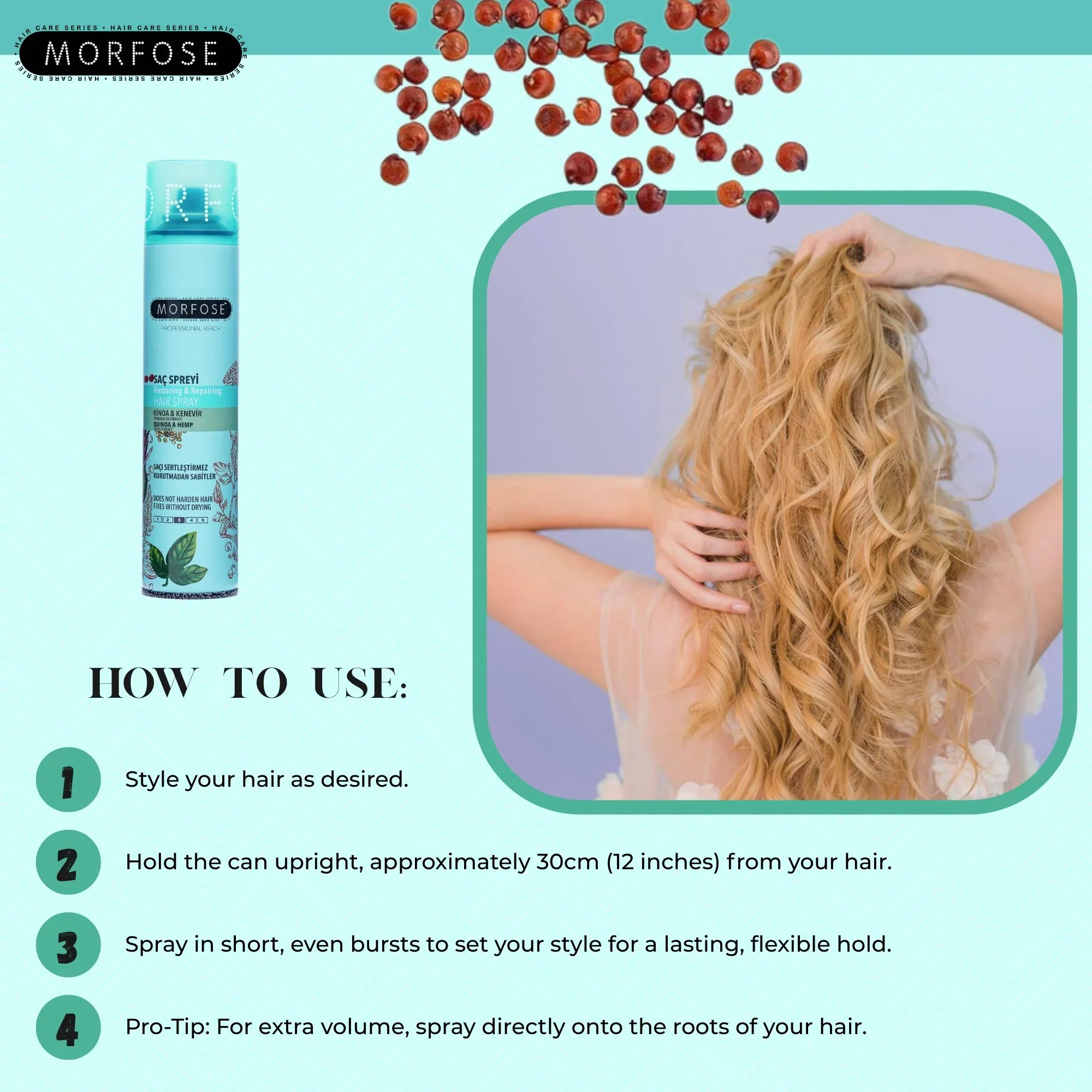 Morfose Professional Reach Quinoa & Hemp Hair Spray 250ml - Image 4