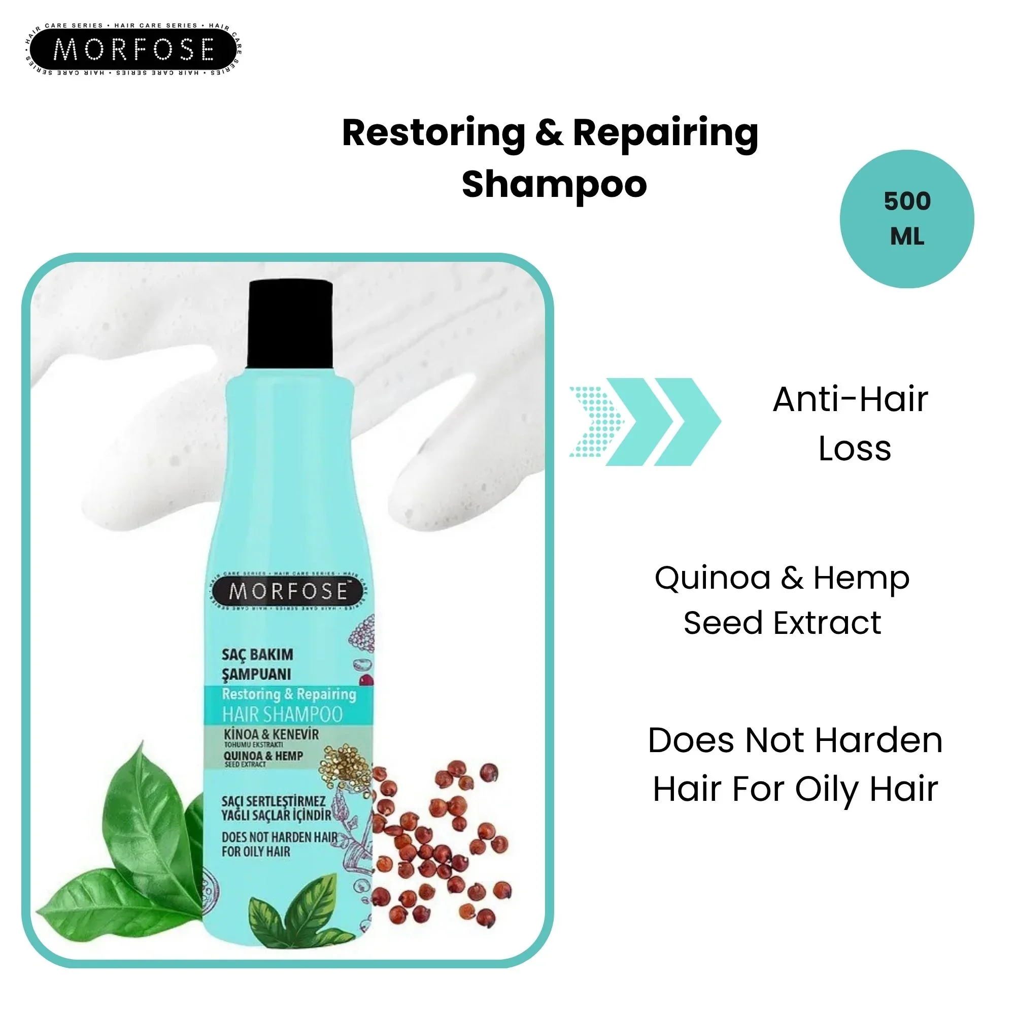 Morfose Professional Reach Quinoa & Hemp Restoring & Repairing Shampoo 500ml - Image 2