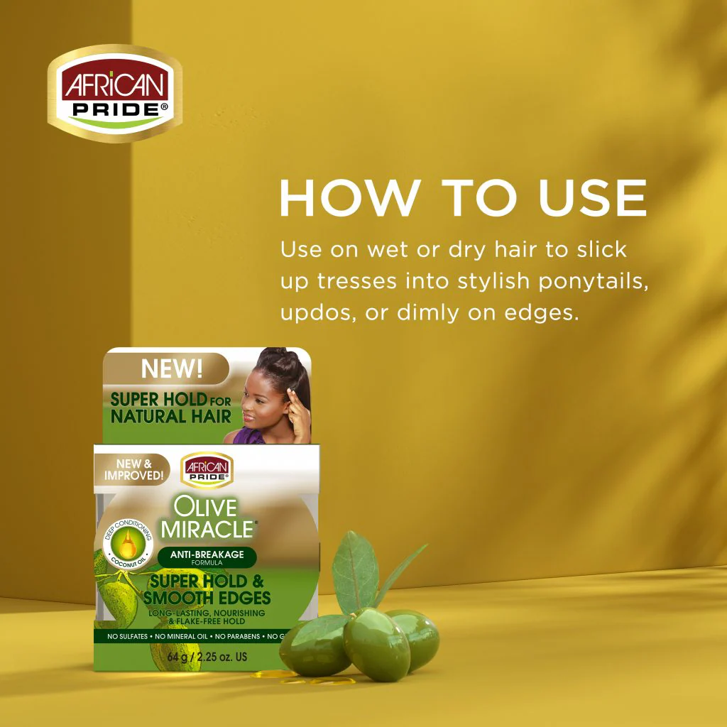African Pride Olive Miracle Super Hold & Smooth Edges 64g/2.25oz - Image 2