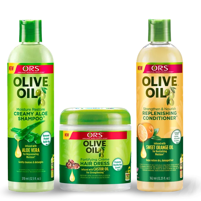 ORS Olive Oil Creamy Aloe Shampoo 16 oz / Replenishing Conditioner 16 oz / Fortifying Crème Hair Dress 6 oz – Bundle