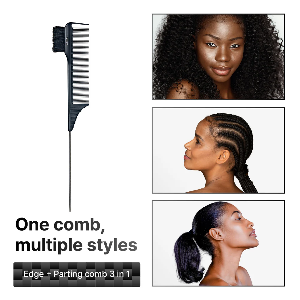 Red By Kiss 100% Boar Bristle 3-in-1 Edge & Parting PIN TAIL Comb - Image 5