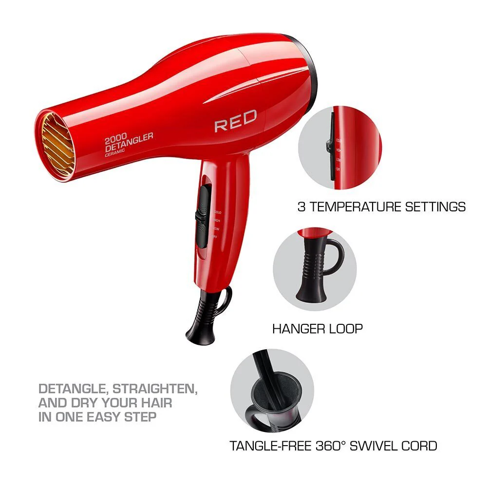 Red By kiss 2000 Ceramic Detangler Dryer 3 Styling Attachments - Image 6