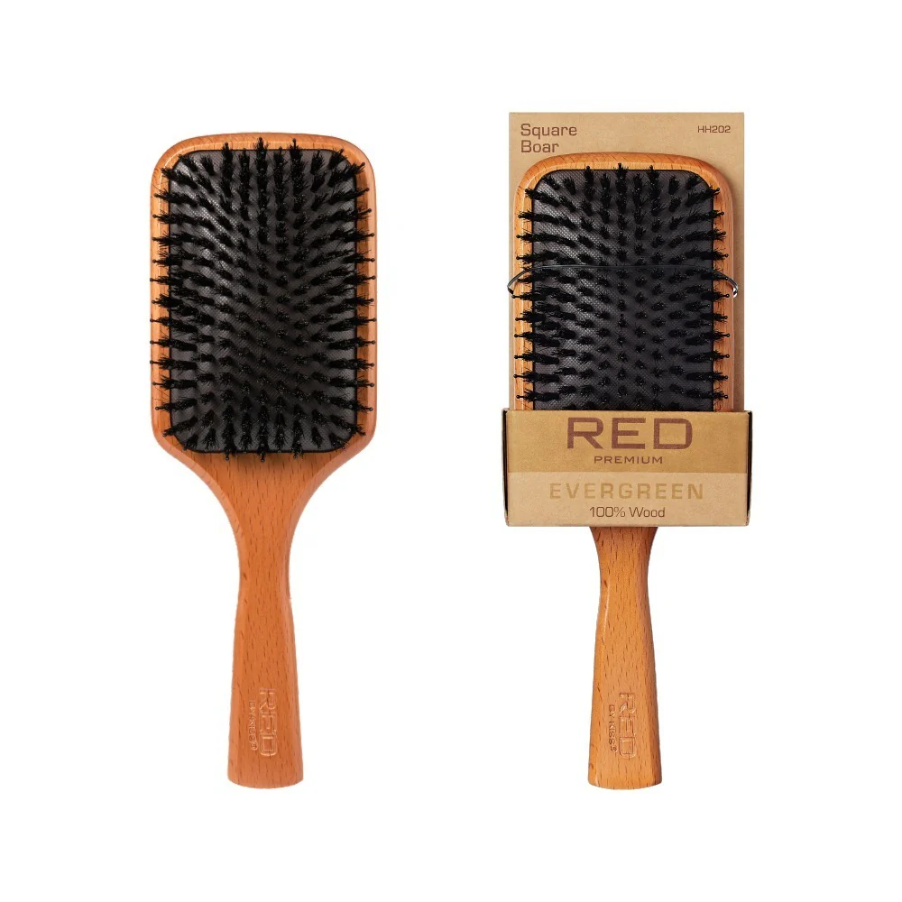 Red By Kiss Evergreen Wooden Square Boar Paddle Hair Brush