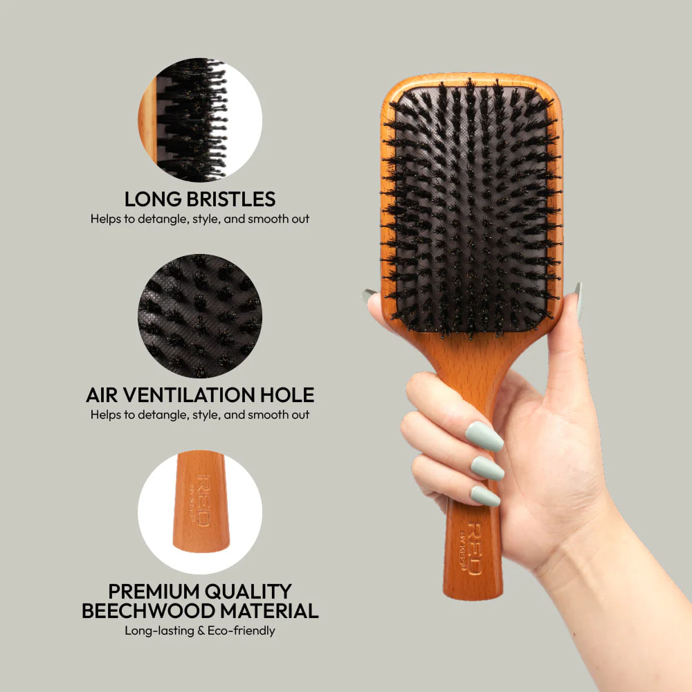 Red By Kiss Evergreen Wooden Square Boar Paddle Hair Brush - Image 6