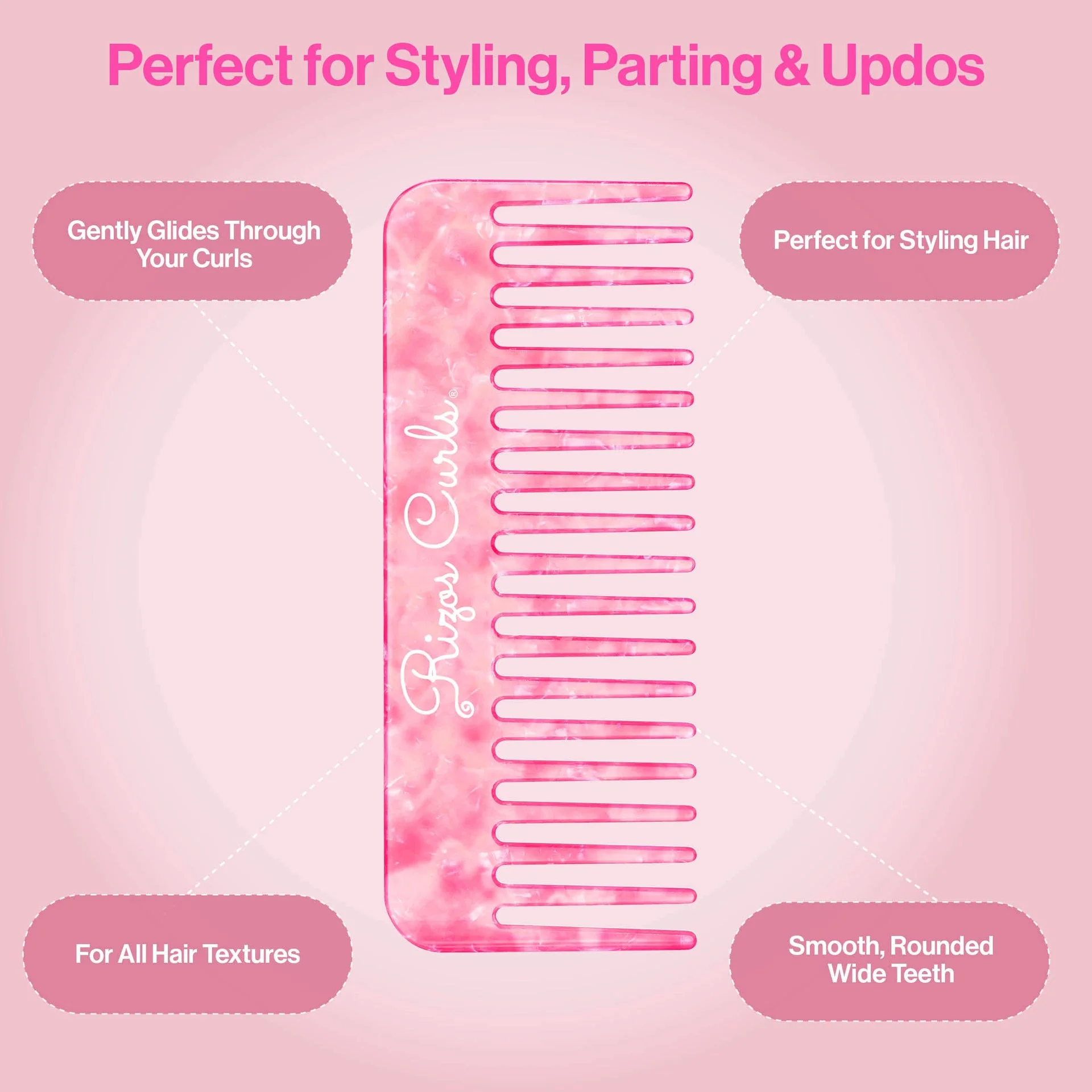 Rizos Curls Pink Wide Tooth Styling Comb - Image 2