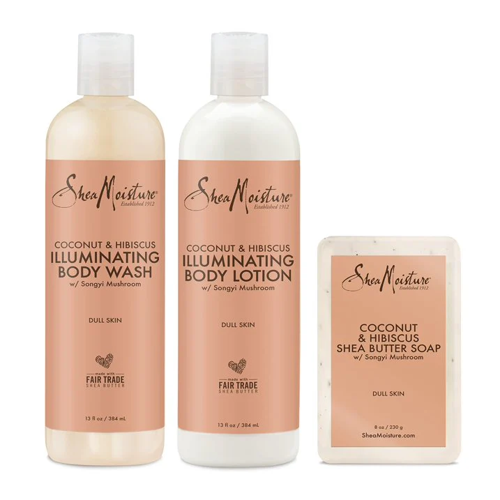 Shea Moisture Coconut And Hibiscus Illuminating Skin Care body wash 384ml body lotion 384ml soap 230g