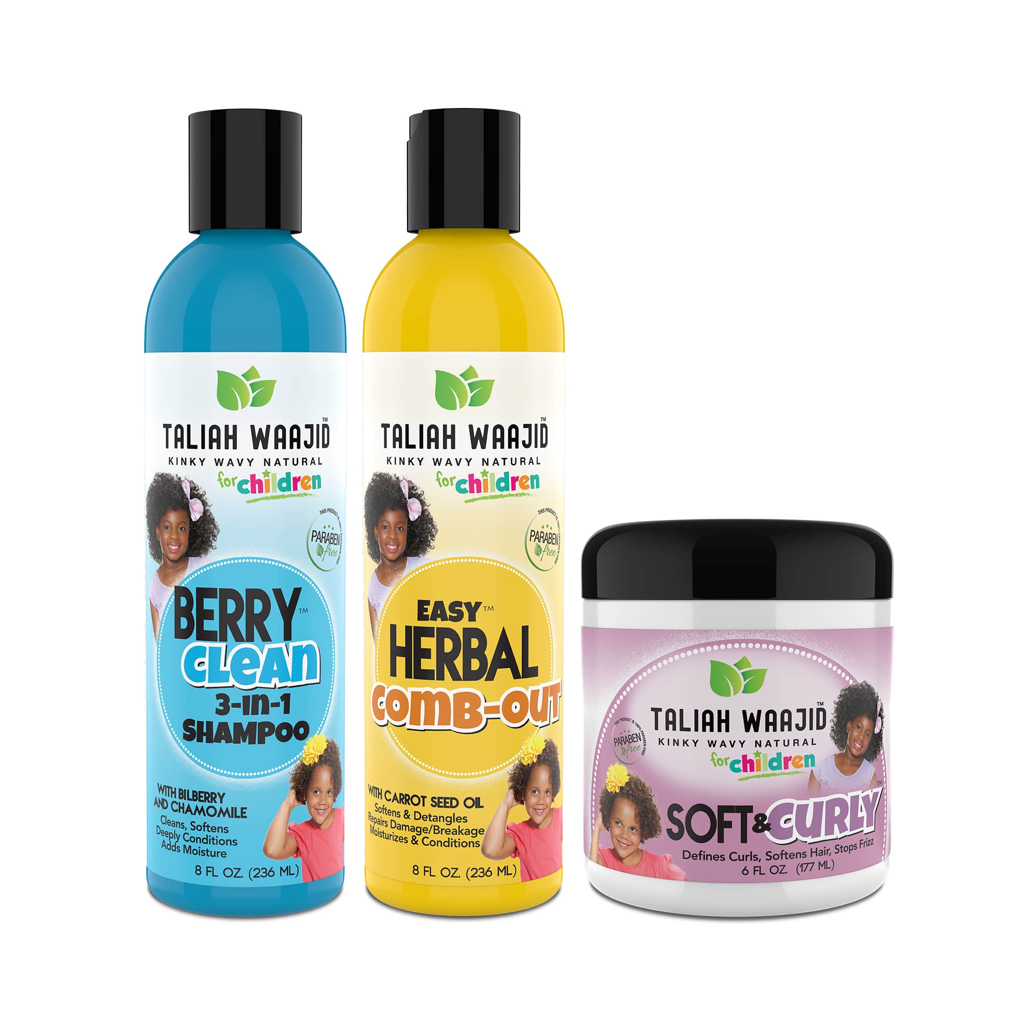 Taliah Waajid Children’s Curly & Wavy Hair Care Set Berry Clean 3-In-1 Shampoo 8oz + Easy Herbal Comb Out 8oz + Soft & Curly for Natural Hair 6oz)